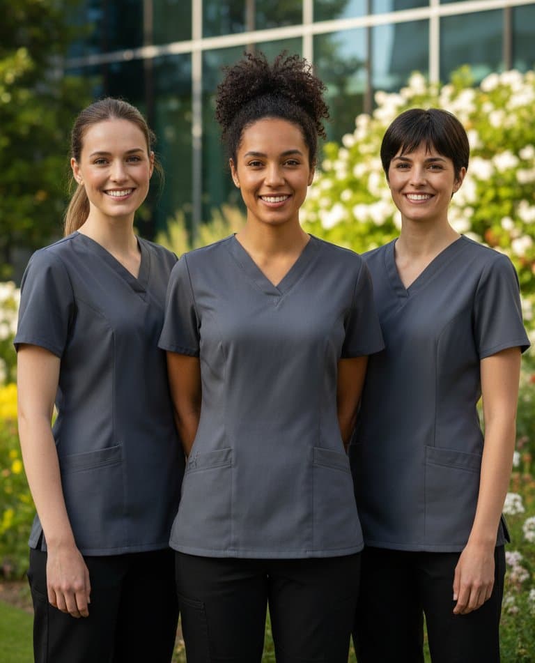 Three Heron nurses smiling outside a facility